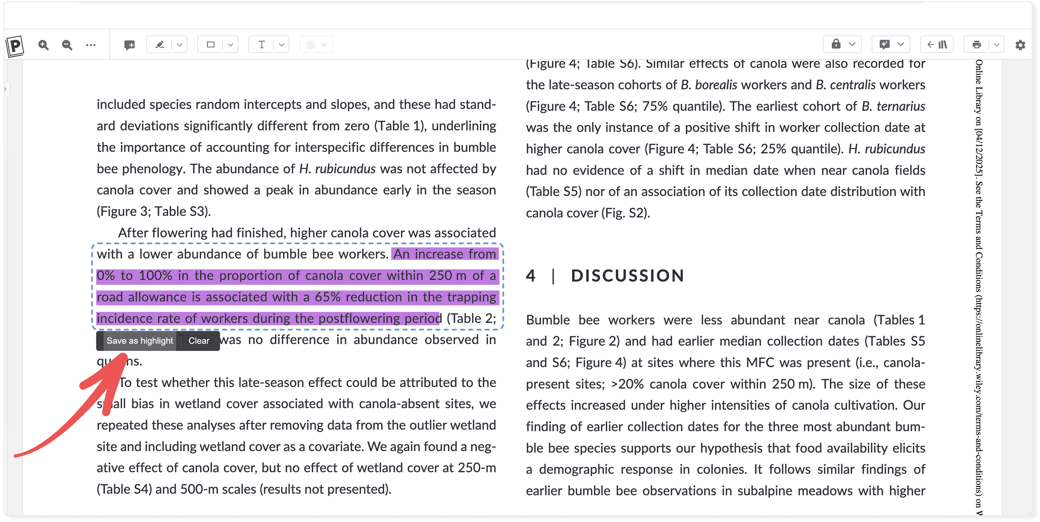 A paper open in the Paperpile PDF viewer with an arrow pointing to a highlighted passage and a “Save as highlight / Clear” tooltip, showing where a link from the AI assistant lands in the source PDF.